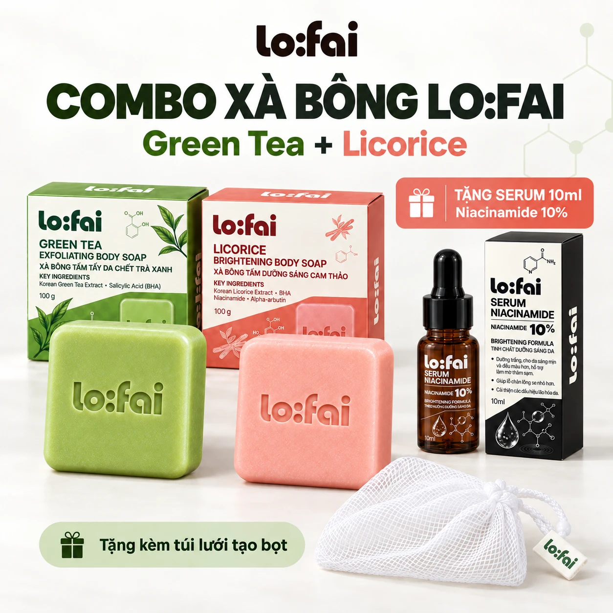 Combo xà bông lo:fai tặng serum Niacinamide 10% 10ml và túi lưới tạo bọt