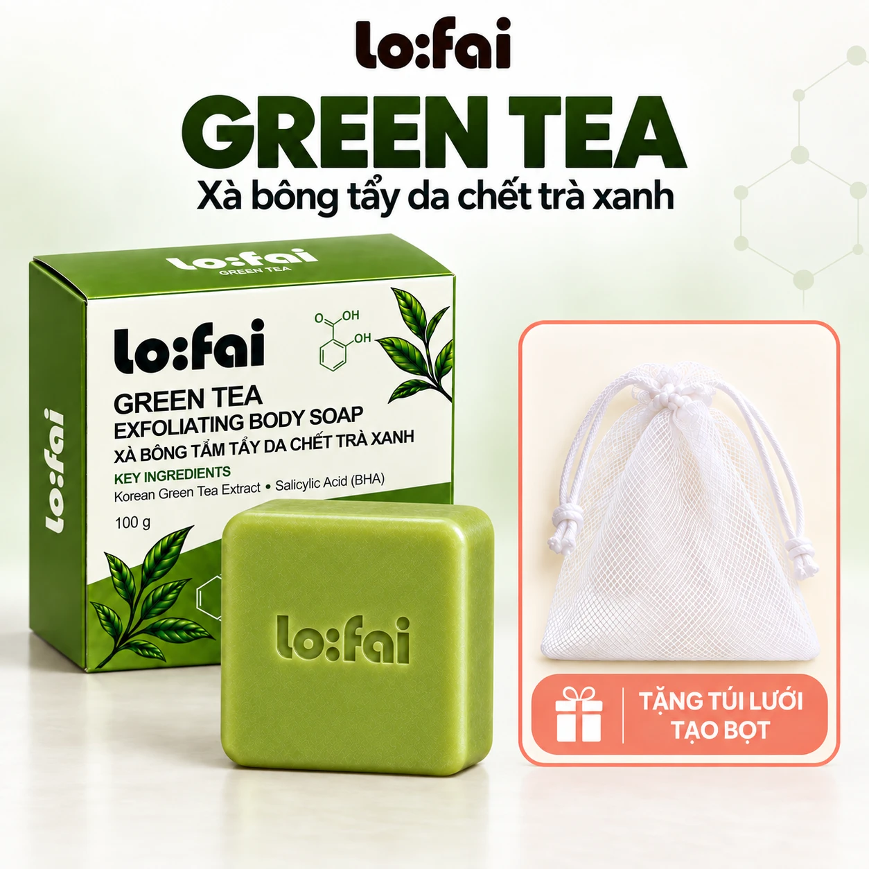 Xà bông tắm tẩy da chết trà xanh lo:fai Green Tea 100g