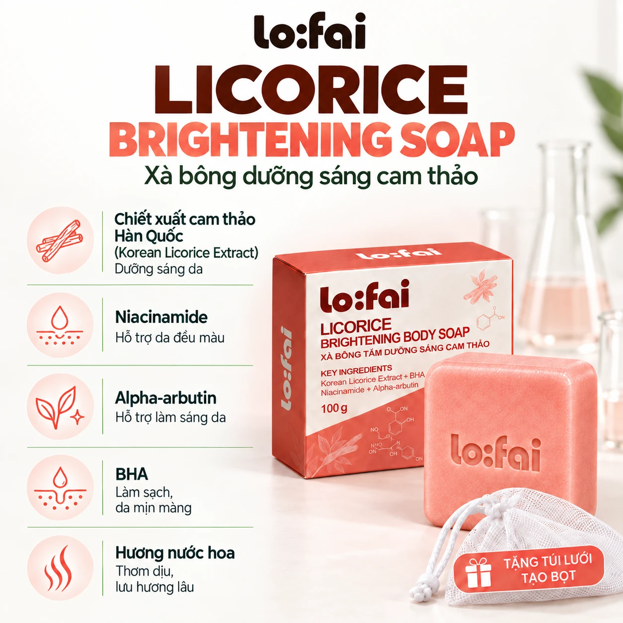 Thành phần xà bông Licorice: cam thảo, Niacinamide, Alpha-arbutin, BHA